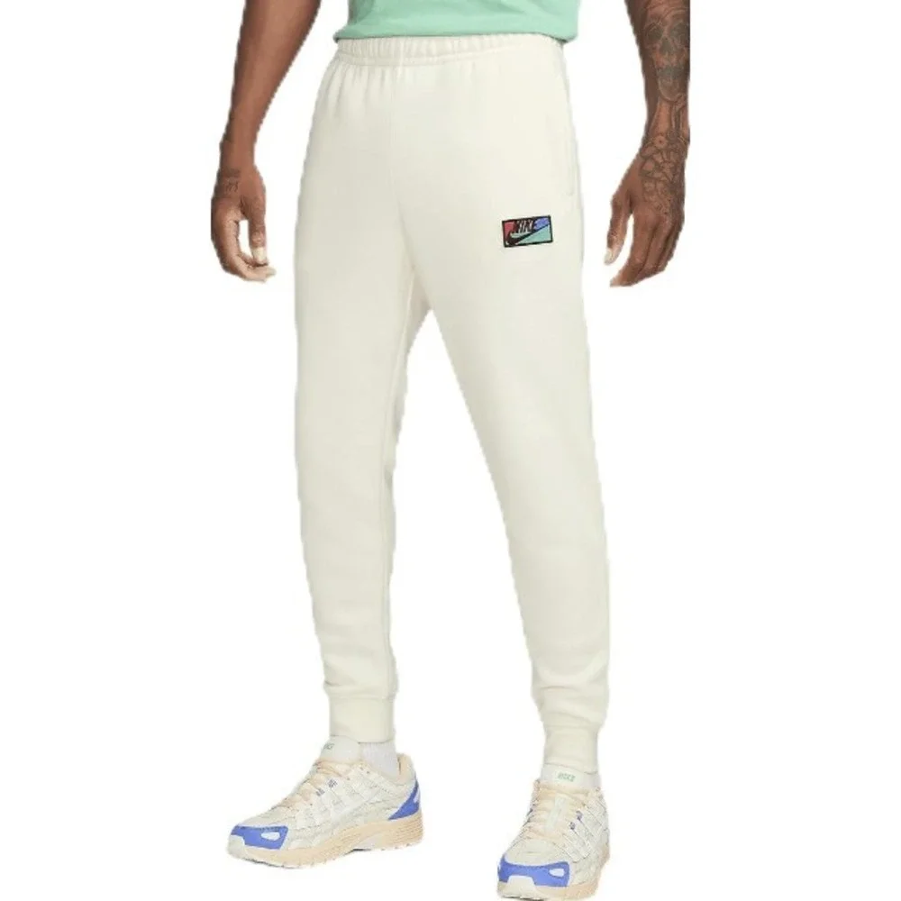 NIKE Mens 'Club Fleece' Joggers Large Cream Patch Logo Tapered Sweatpants